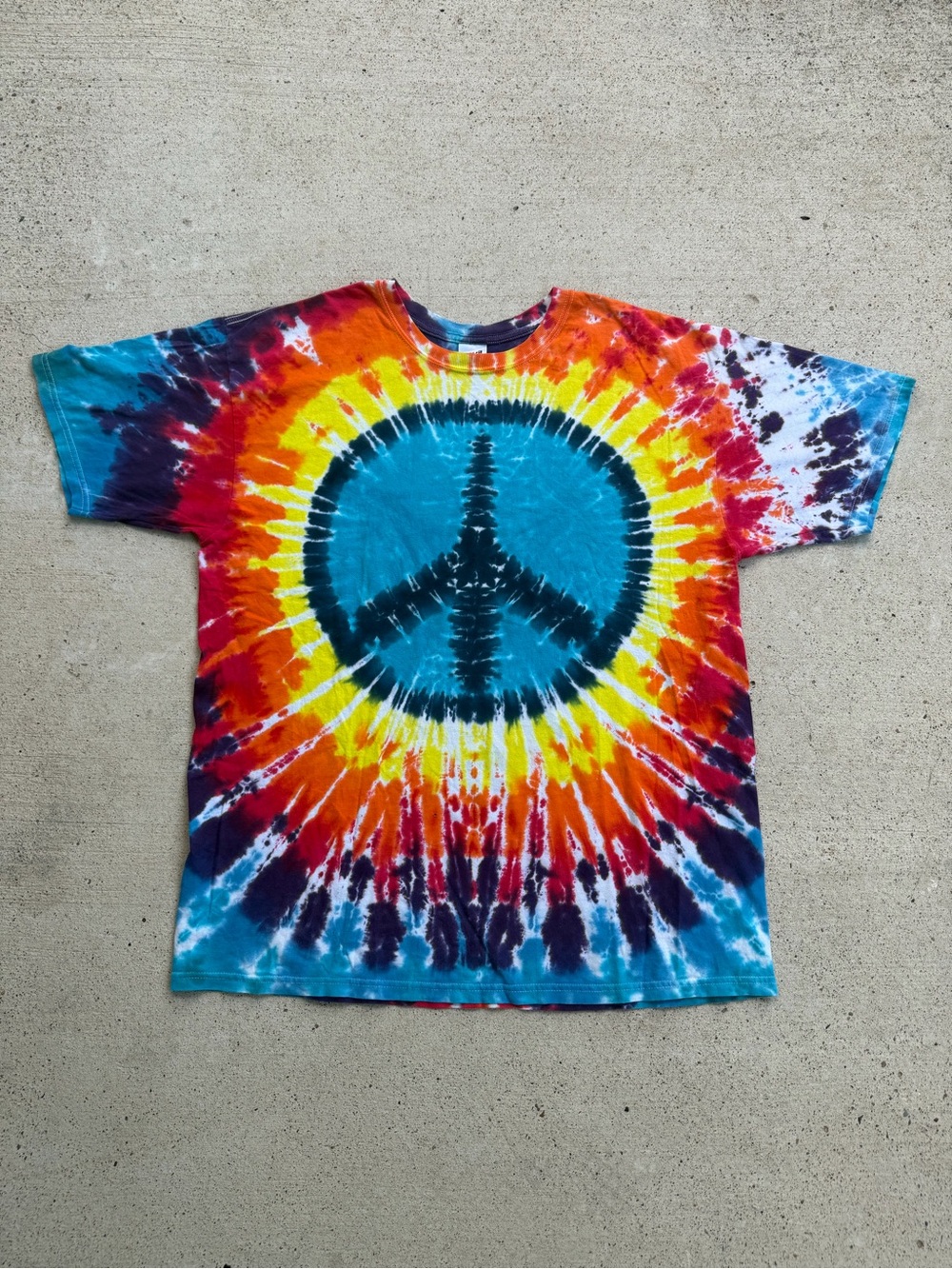 Anvil Peace Sign Tie Dye Graphic T-Shirt Colorful Hippie Festival Shirt XL